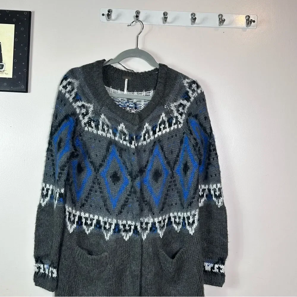 Free People Gray and Blue Geometric Cardigan 13% wool